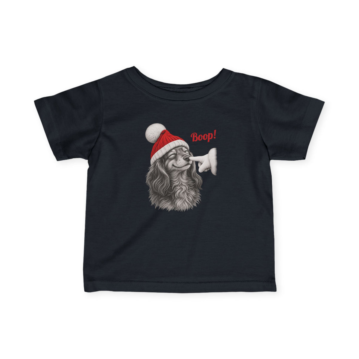 Black Dachshund Boop Christmas baby t-shirt with a smiling dachshund in a Santa hat getting a nose boop, front view