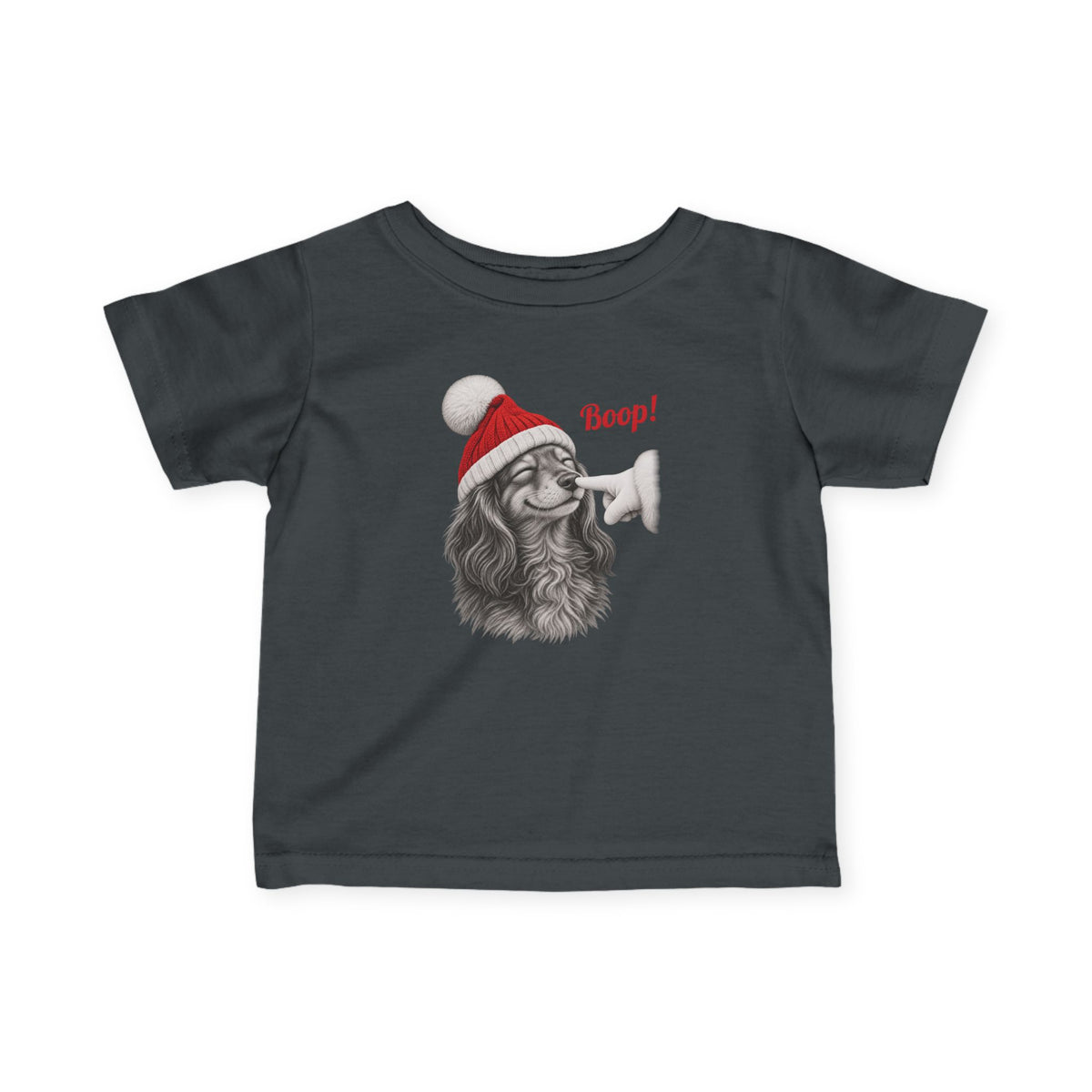 Charcoal Dachshund Boop Christmas baby t-shirt with a smiling dachshund in a Santa hat getting a nose boop, front view