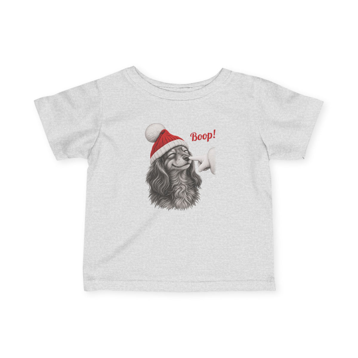 Heather Dachshund Boop Christmas baby t-shirt with a smiling dachshund in a Santa hat getting a nose boop, front view