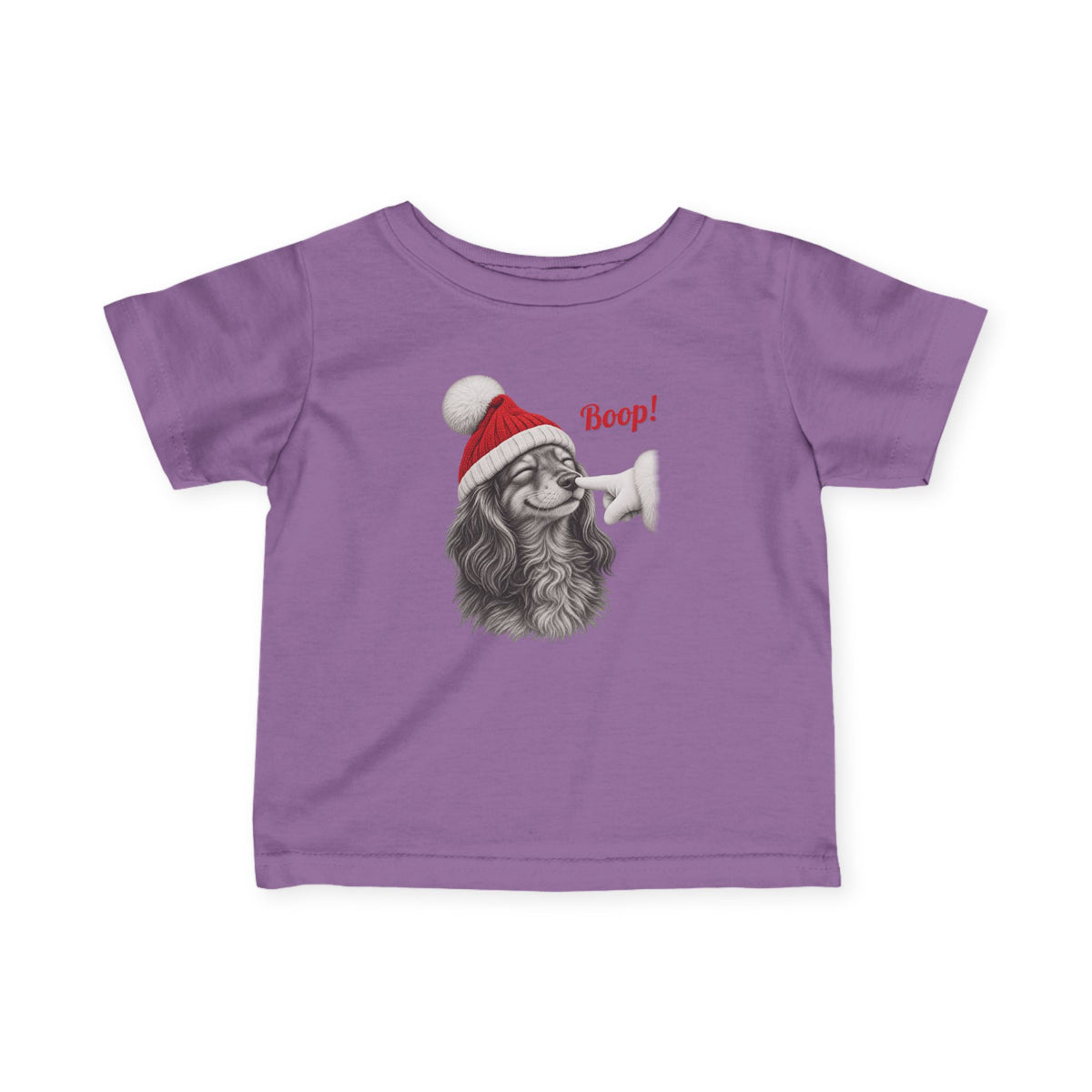 Lavender Dachshund Boop Christmas baby t-shirt with a smiling dachshund in a Santa hat getting a nose boop, front view
