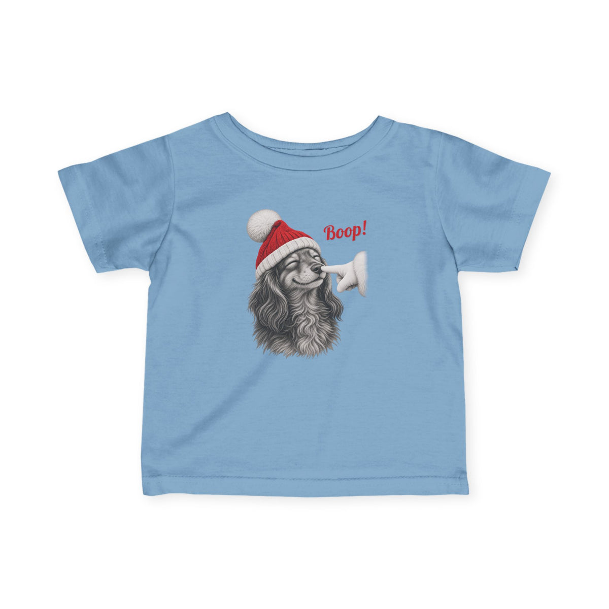 Light Blue Dachshund Boop Christmas baby t-shirt with a smiling dachshund in a Santa hat getting a nose boop, front view