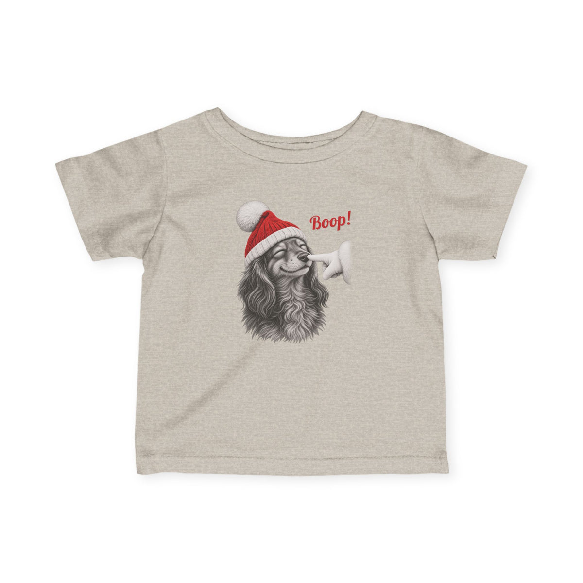 Natural Heather Dachshund Boop Christmas baby t-shirt with a smiling dachshund in a Santa hat getting a nose boop, front view