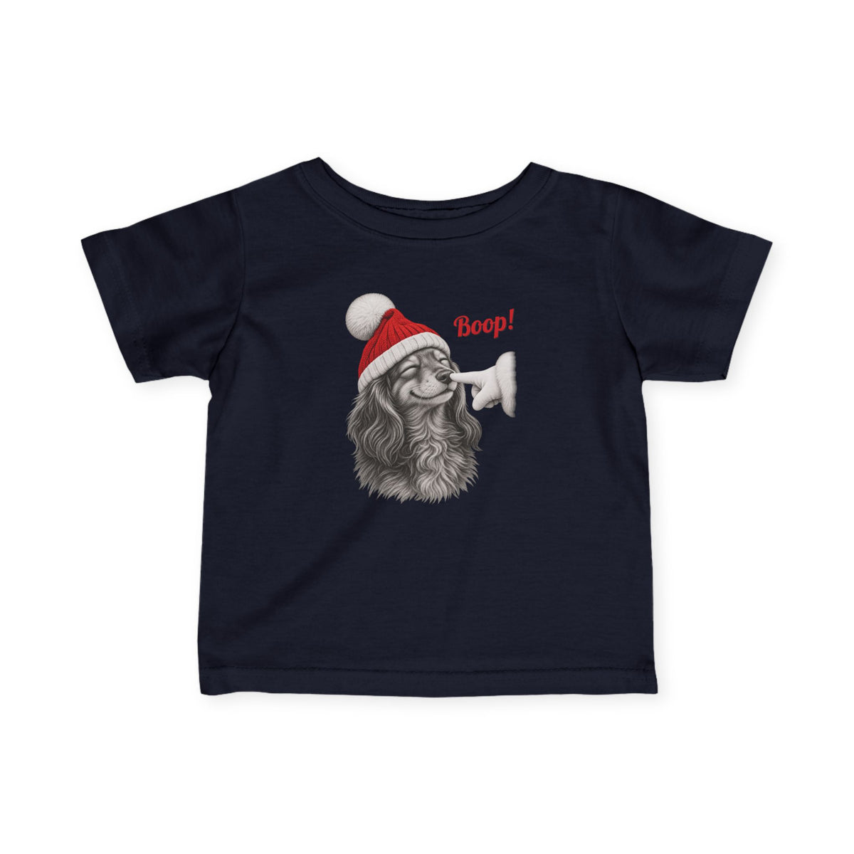 Navy Dachshund Boop Christmas baby t-shirt with a smiling dachshund in a Santa hat getting a nose boop, front view