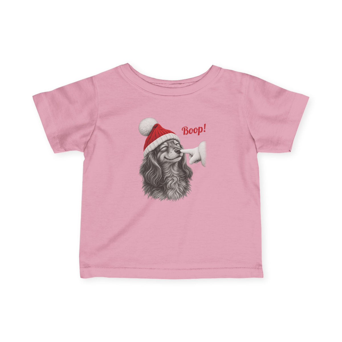 Pink Dachshund Boop Christmas baby t-shirt with a smiling dachshund in a Santa hat getting a nose boop, front view