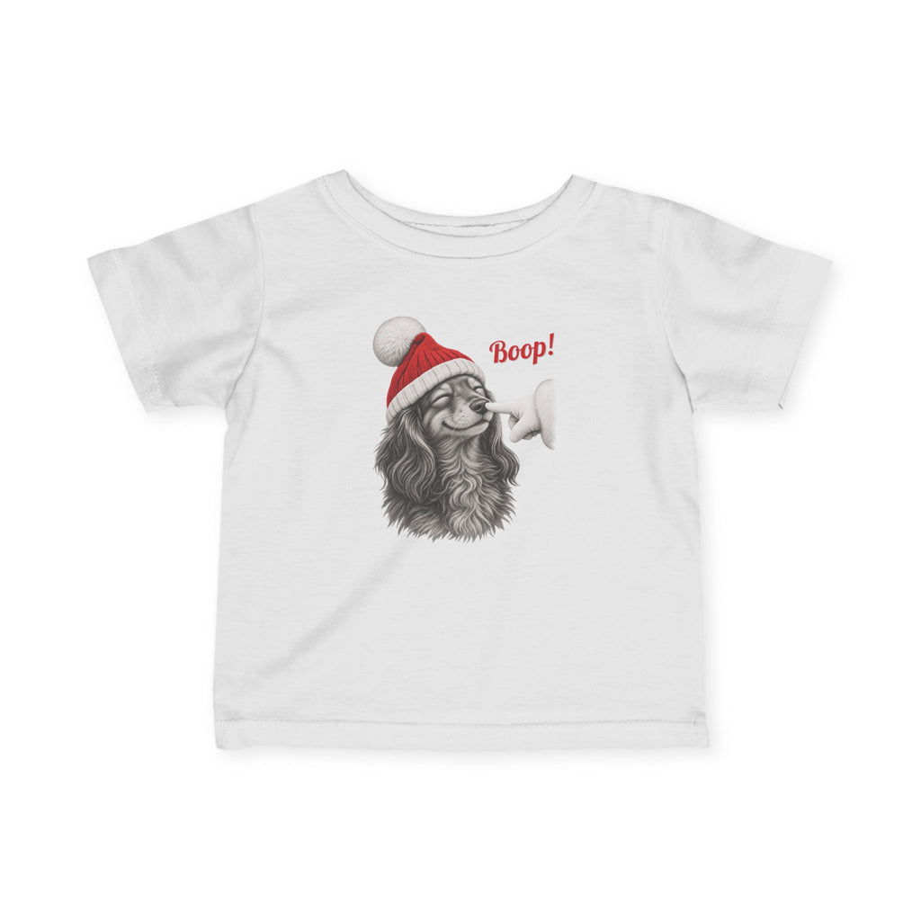 White Dachshund Boop Christmas baby t-shirt with a smiling dachshund in a Santa hat getting a nose boop, front view