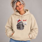 Woman wearing the Sand Dachshund Boop Christmas Hoodie with jeans