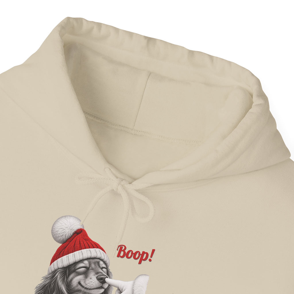 Dachshund Boop Christmas Hoodie, front collar close-up