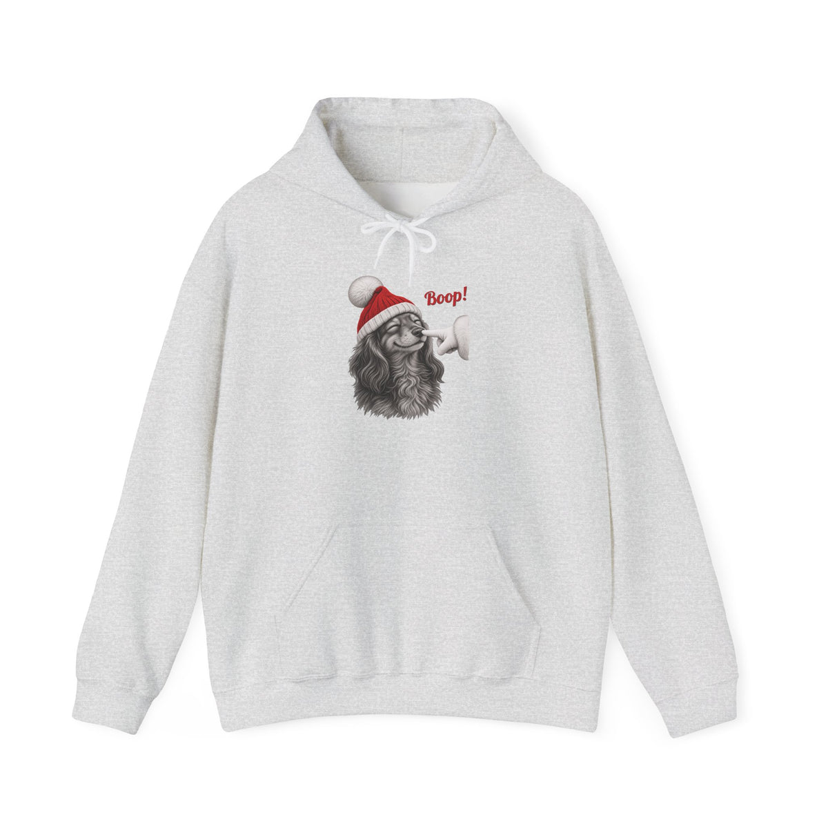 Ash Dachshund Boop Christmas hoodie with a smiling dachshund in a Santa hat getting a nose boop, front view