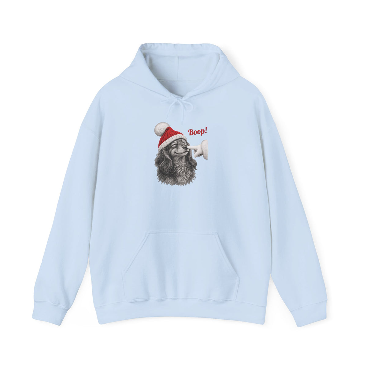 Light Blue Dachshund Boop Christmas hoodie with a smiling dachshund in a Santa hat getting a nose boop, front view