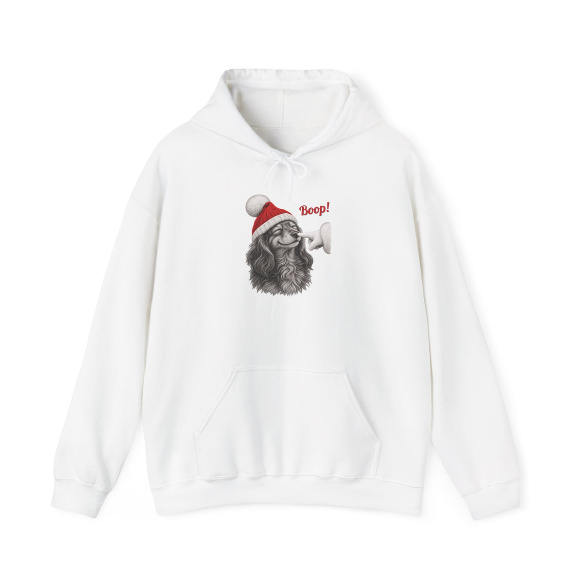 White Dachshund Boop Christmas hoodie with a smiling dachshund in a Santa hat getting a nose boop, front view