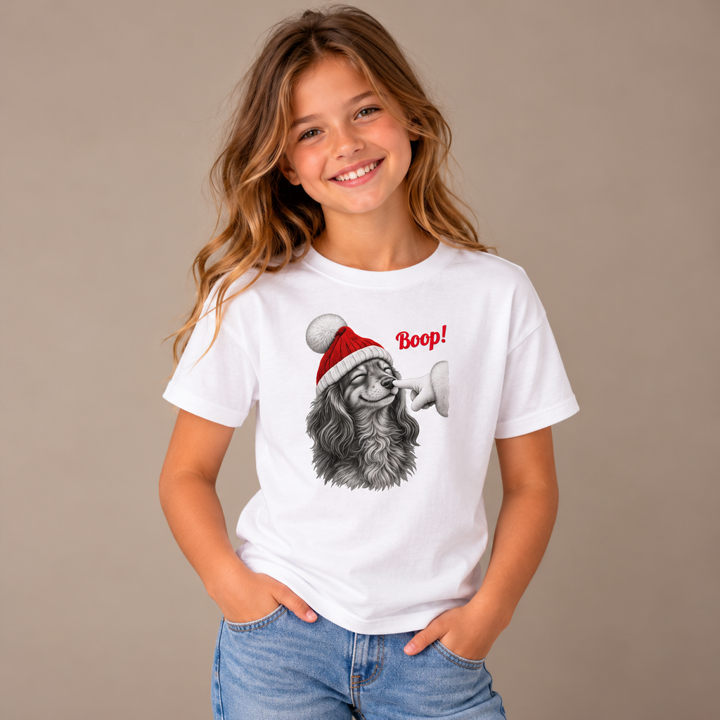 Girl wearing the White Dachshund Boop Christmas Kids T-Shirt
