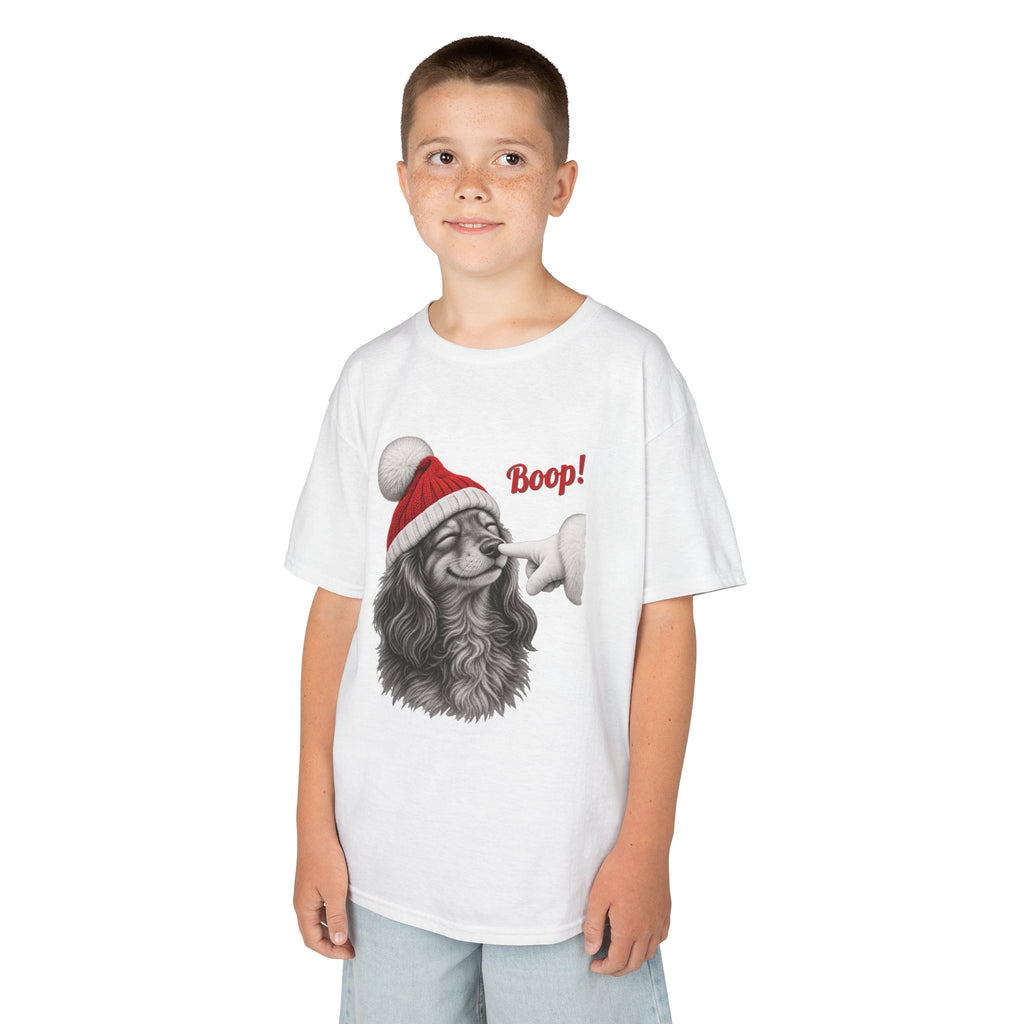 Boy wearing the White Dachshund Boop Christmas Kids T-Shirt