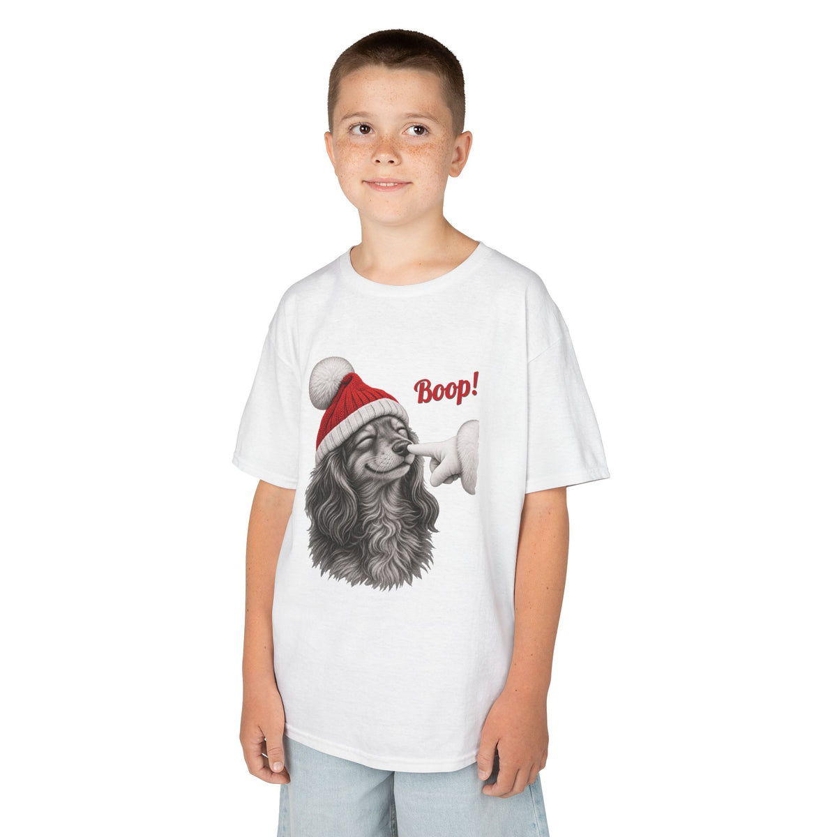Boy wearing the White Dachshund Boop Christmas Kids T-Shirt