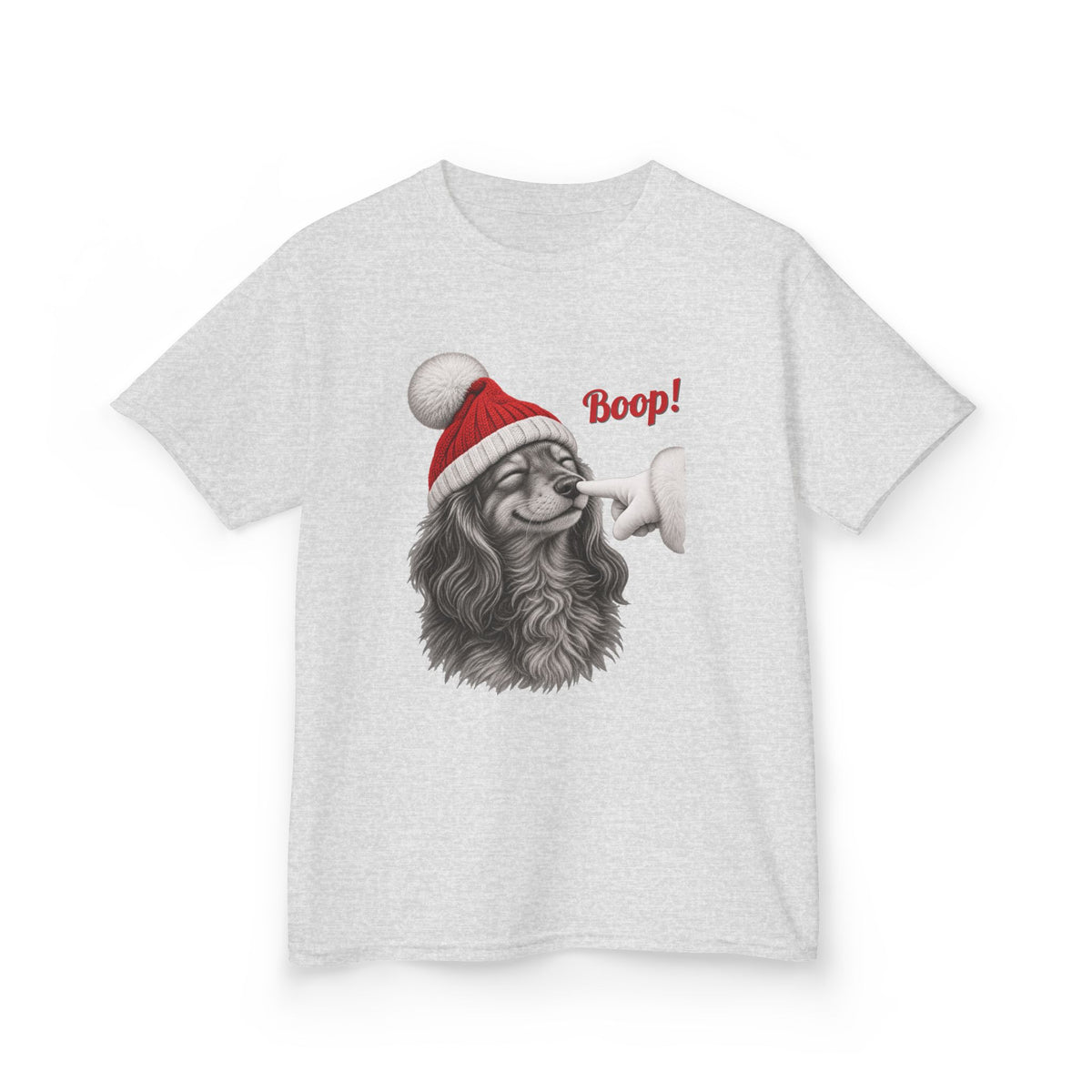 Ash Dachshund Boop Christmas kids t-shirt with a smiling dachshund in a Santa hat getting a nose boop, front view