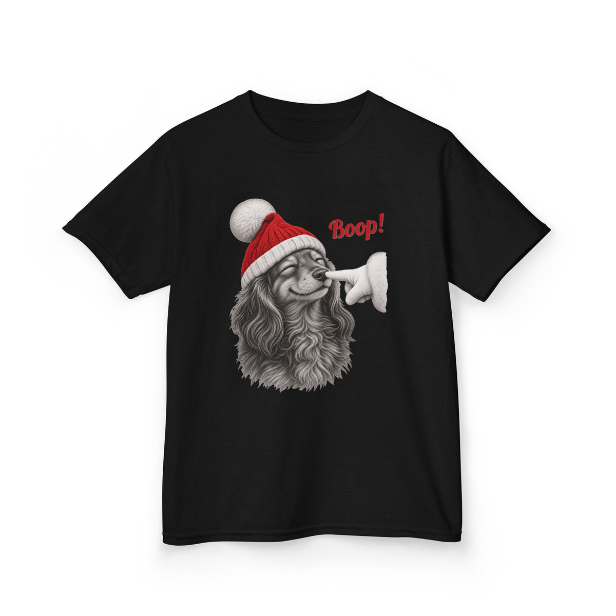 Black Dachshund Boop Christmas kids t-shirt with a smiling dachshund in a Santa hat getting a nose boop, front view