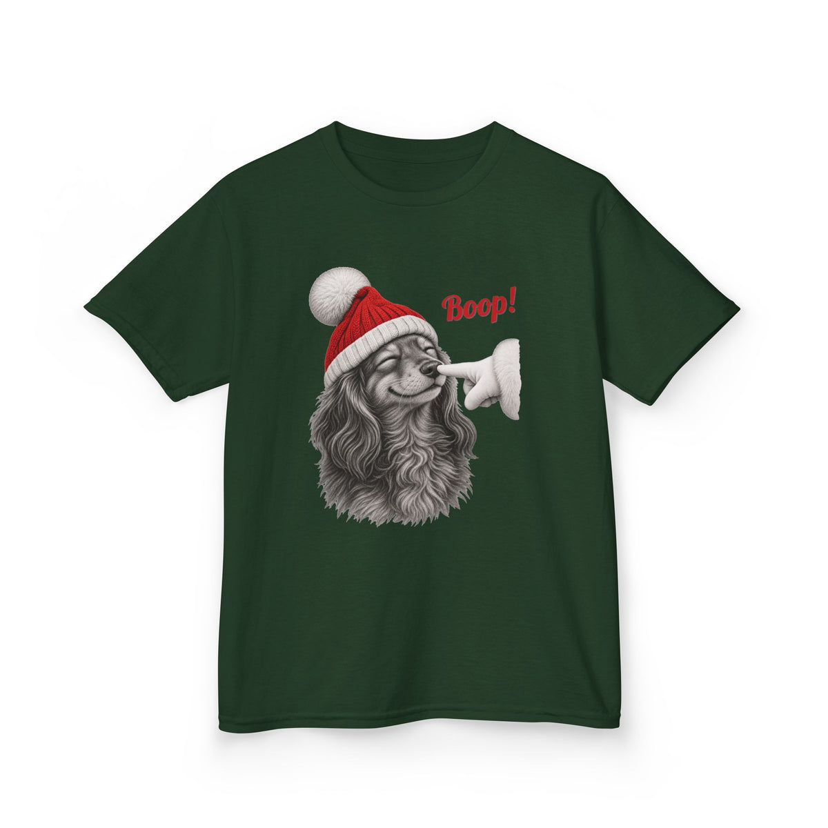Forest Green Dachshund Boop Christmas kids t-shirt with a smiling dachshund in a Santa hat getting a nose boop, front view