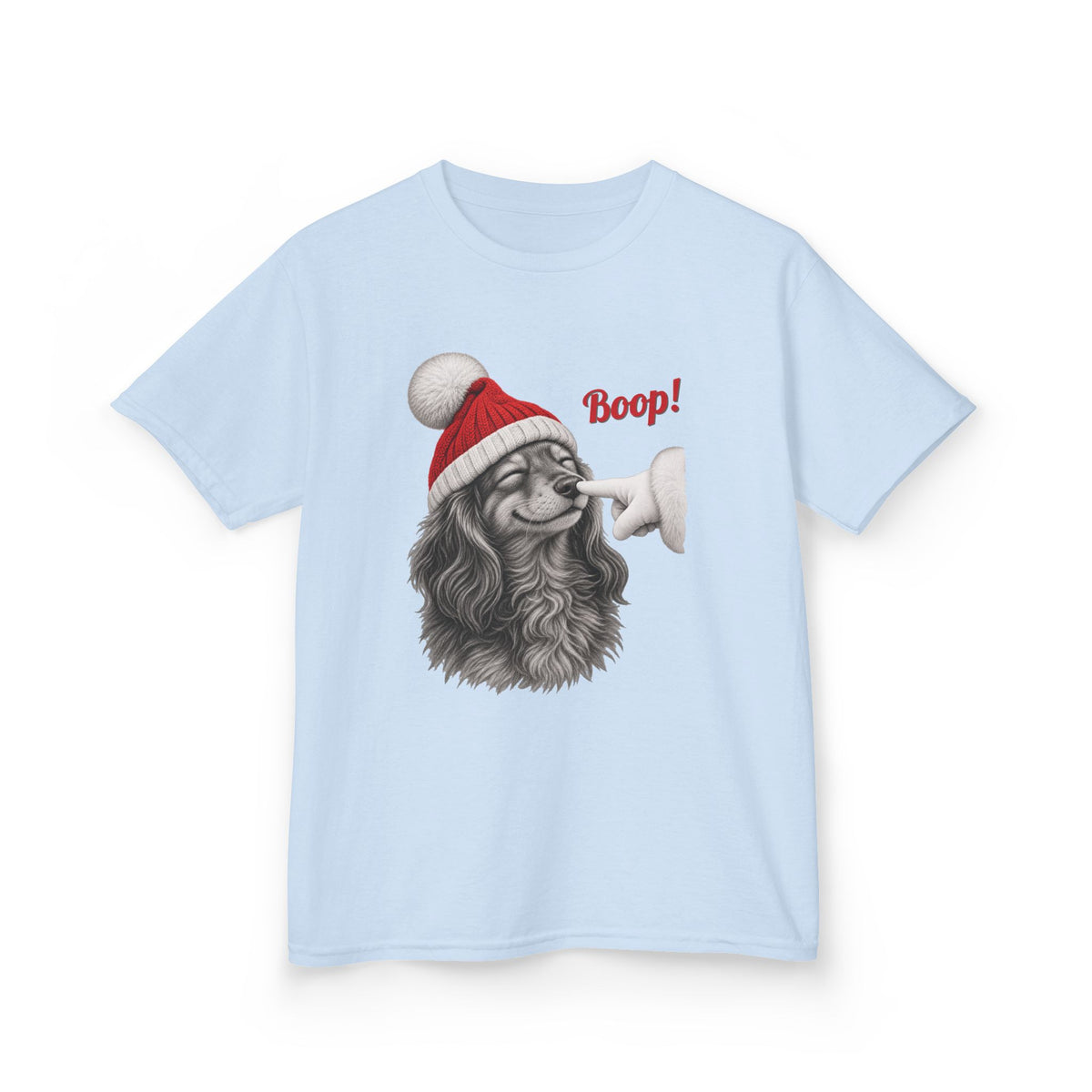 Light Blue Dachshund Boop Christmas kids t-shirt with a smiling dachshund in a Santa hat getting a nose boop, front view