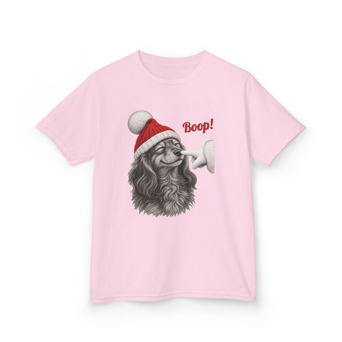 Light Pink Dachshund Boop Christmas kids t-shirt with a smiling dachshund in a Santa hat getting a nose boop, front view