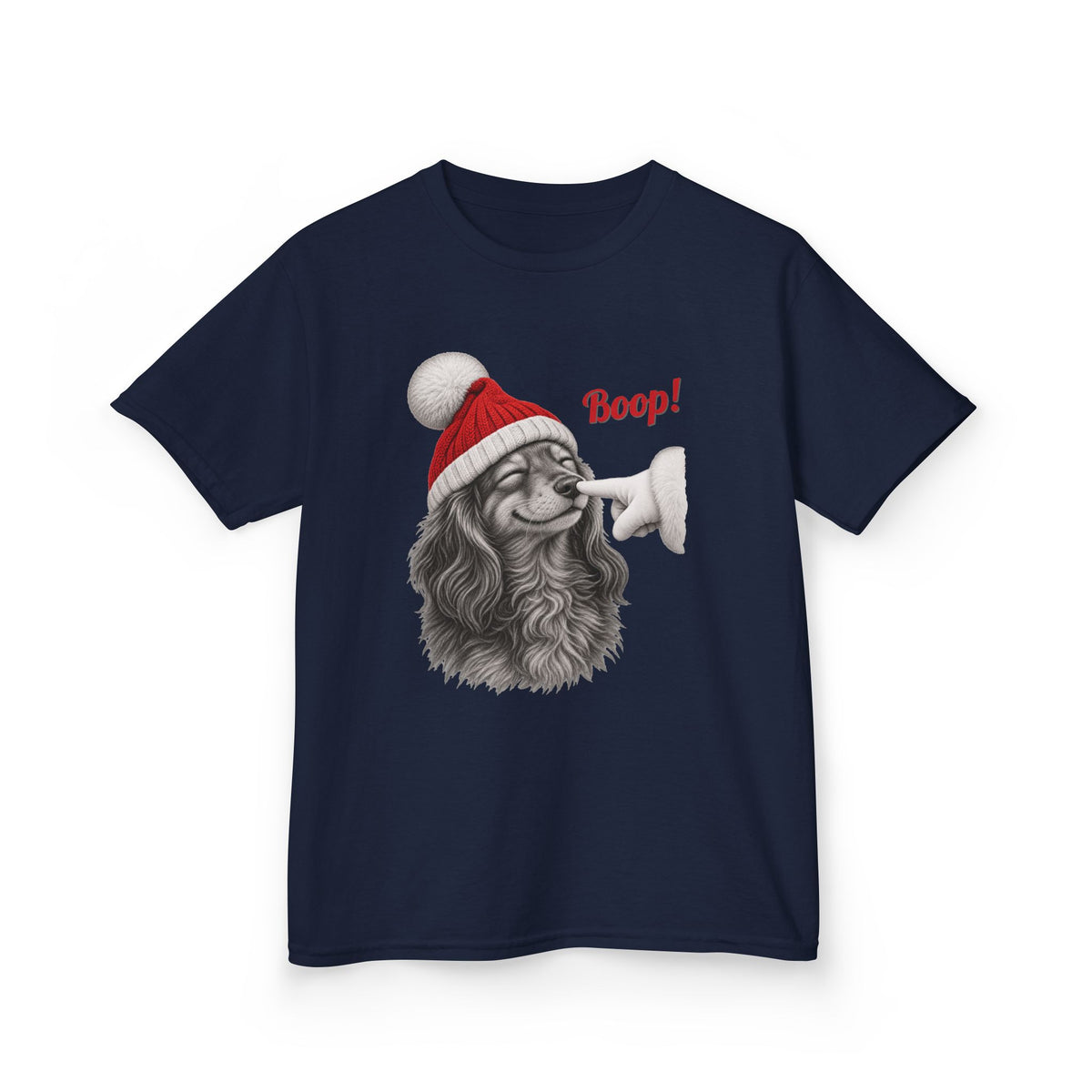Navy Dachshund Boop Christmas kids t-shirt with a smiling dachshund in a Santa hat getting a nose boop, front view