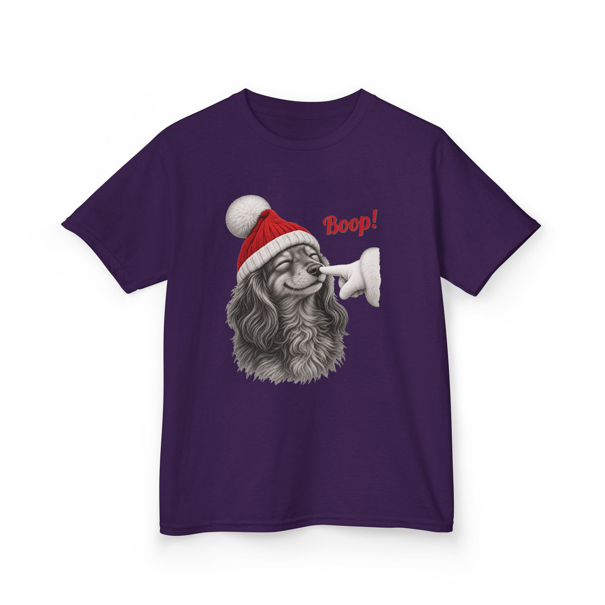 Purple Dachshund Boop Christmas kids t-shirt with a smiling dachshund in a Santa hat getting a nose boop, front view
