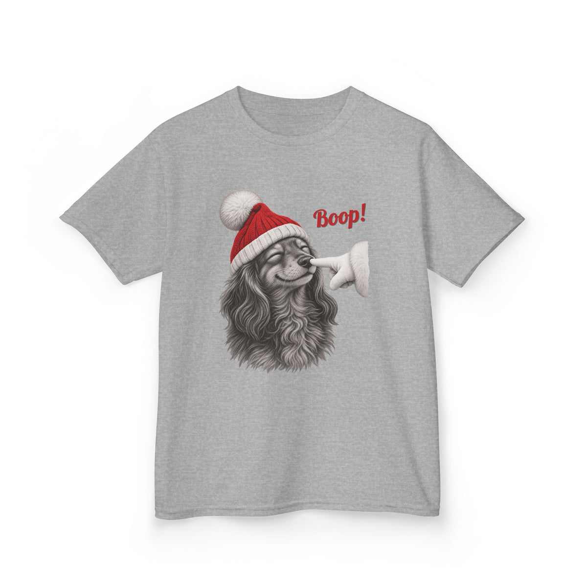 Sport Grey Dachshund Boop Christmas kids t-shirt with a smiling dachshund in a Santa hat getting a nose boop, front view
