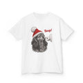 White Dachshund Boop Christmas kids t-shirt with a smiling dachshund in a Santa hat getting a nose boop, front view