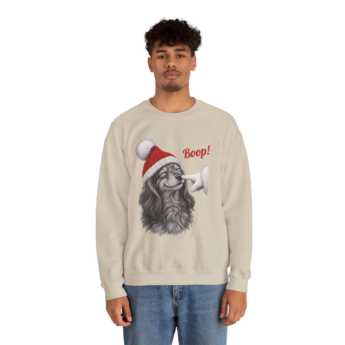 Model wearing the sand Dachshund Boop Christmas Sweatshirt