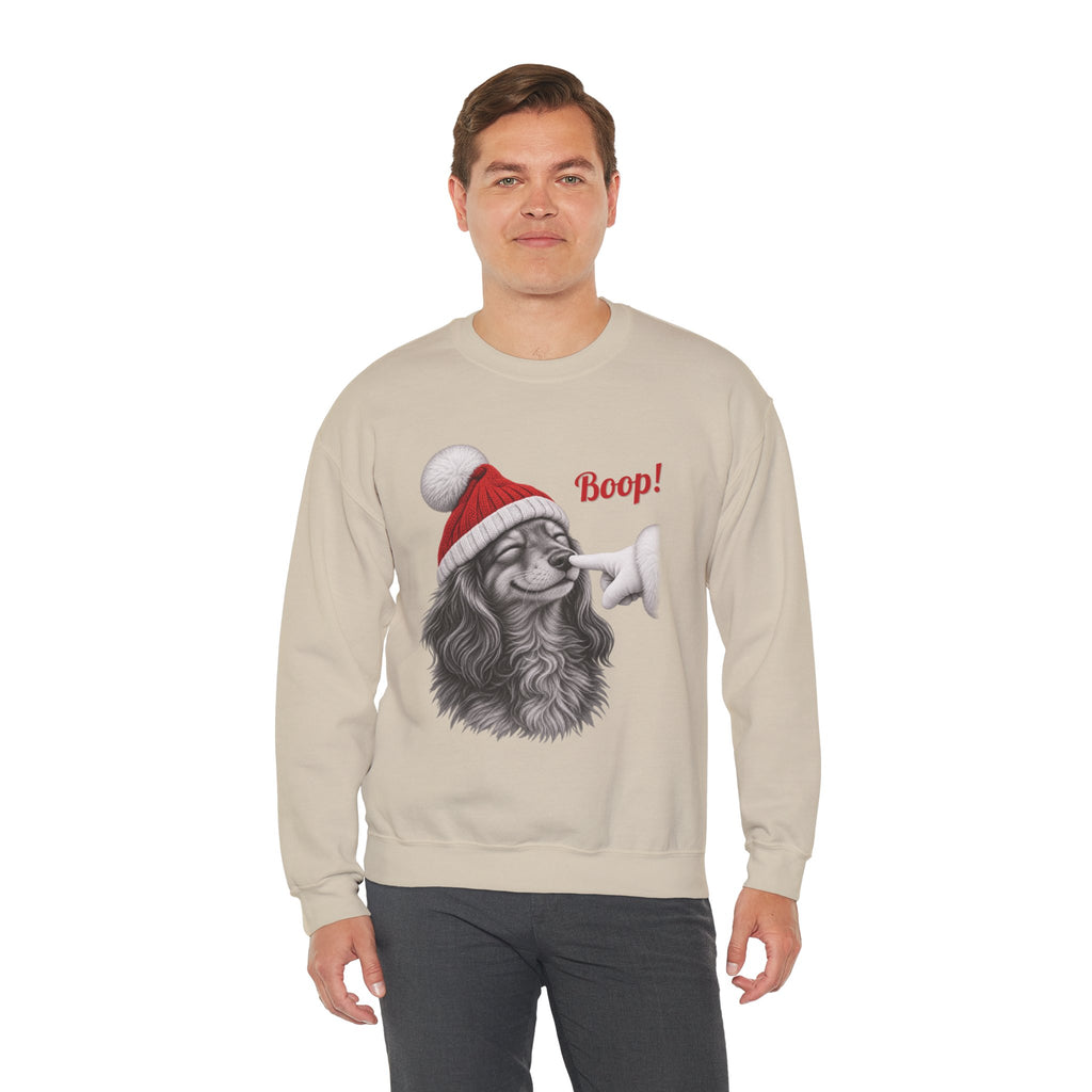 Model wearing the sand Dachshund Boop Christmas Sweatshirt