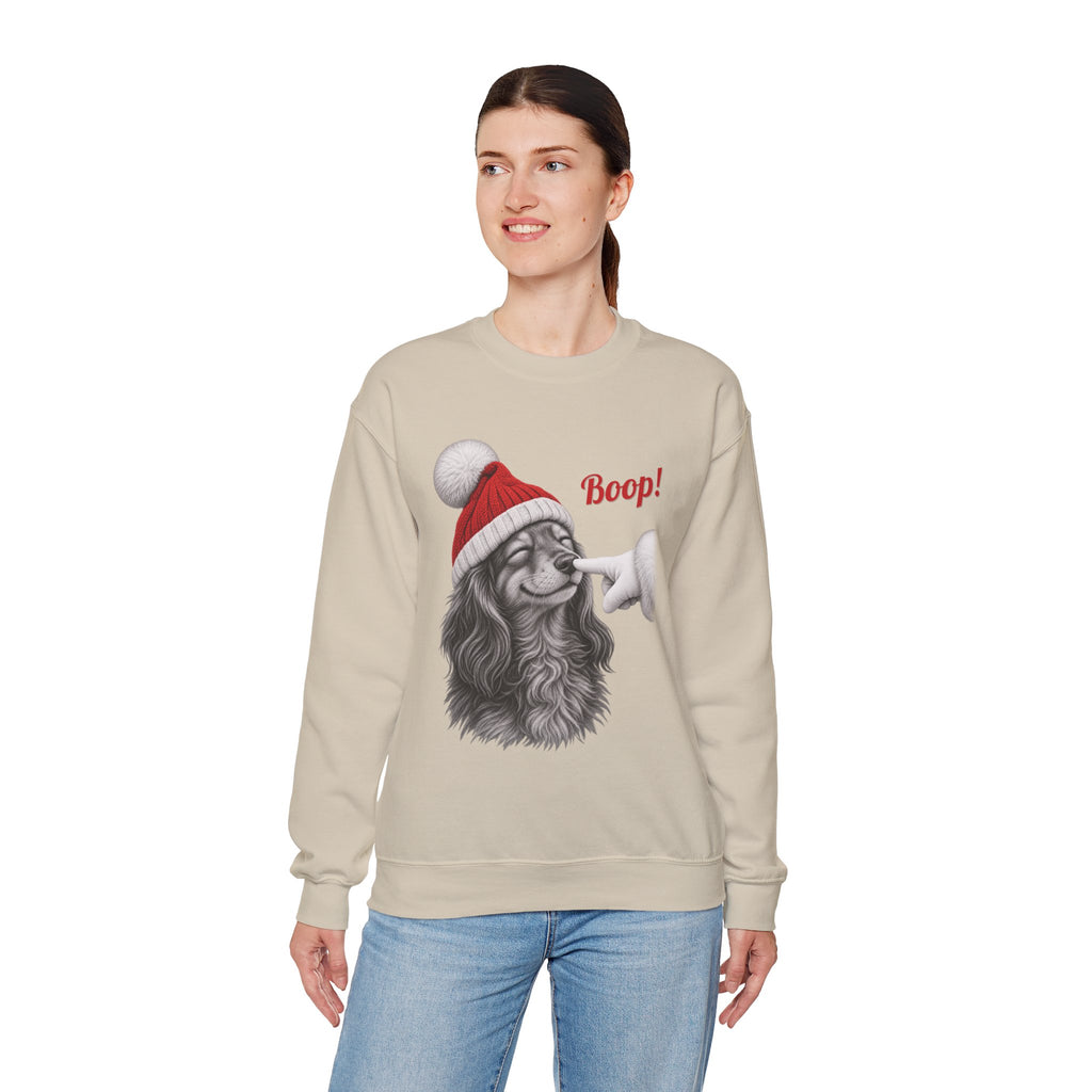 Model wearing the sand Dachshund Boop Christmas Sweatshirt