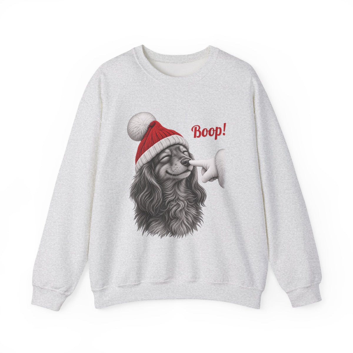 Ash Dachshund Boop Christmas sweatshirt with a smiling dachshund in a Santa hat getting a nose boop, front view