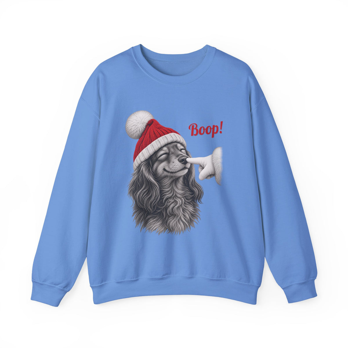 Carolina Blue Dachshund Boop Christmas sweatshirt with a smiling dachshund in a Santa hat getting a nose boop, front view