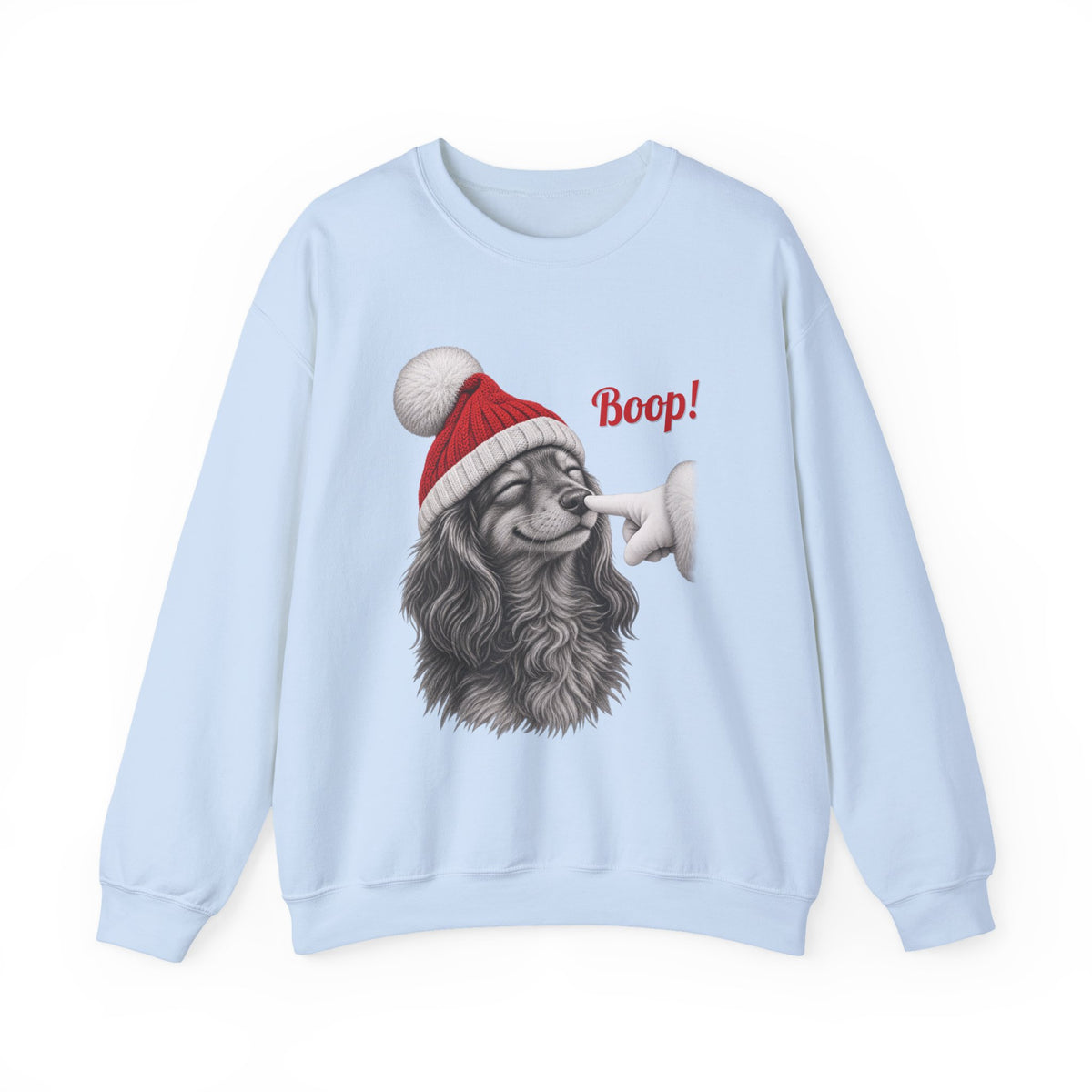 Light Blue Dachshund Boop Christmas sweatshirt with a smiling dachshund in a Santa hat getting a nose boop, front view