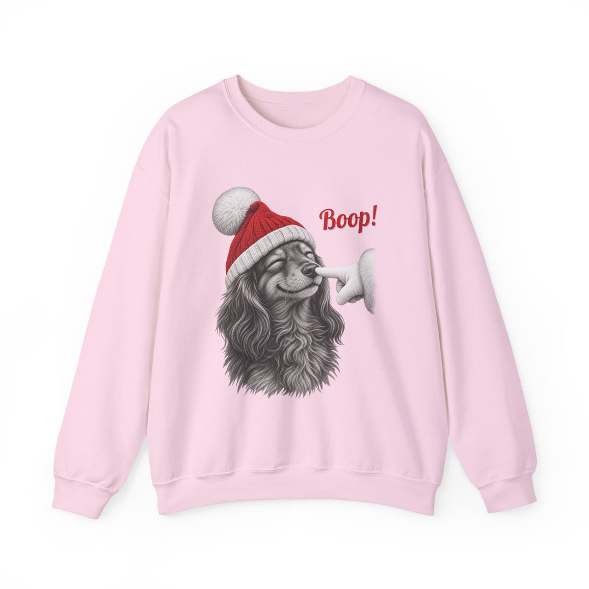Light Pink Dachshund Boop Christmas sweatshirt with a smiling dachshund in a Santa hat getting a nose boop, front view