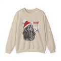 Sand Dachshund Boop Christmas sweatshirt with a smiling dachshund in a Santa hat getting a nose boop, front view