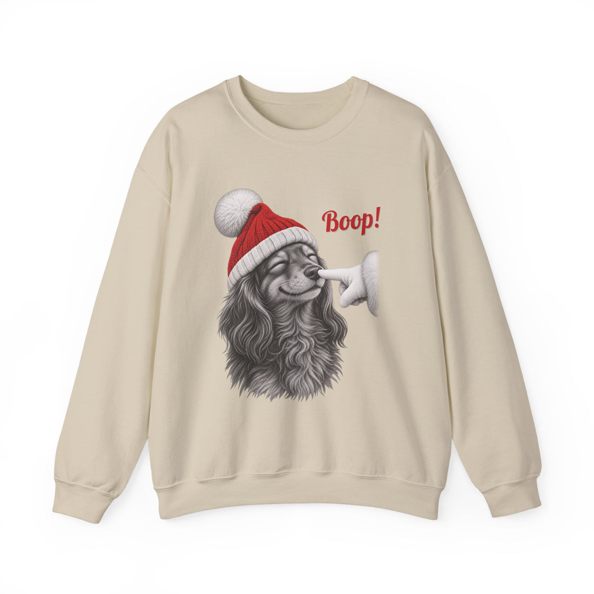Sand Dachshund Boop Christmas sweatshirt with a smiling dachshund in a Santa hat getting a nose boop, front view