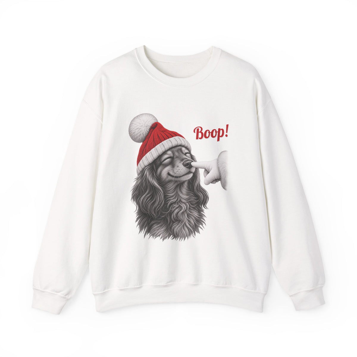 White Dachshund Boop Christmas sweatshirt with a smiling dachshund in a Santa hat getting a nose boop, front view