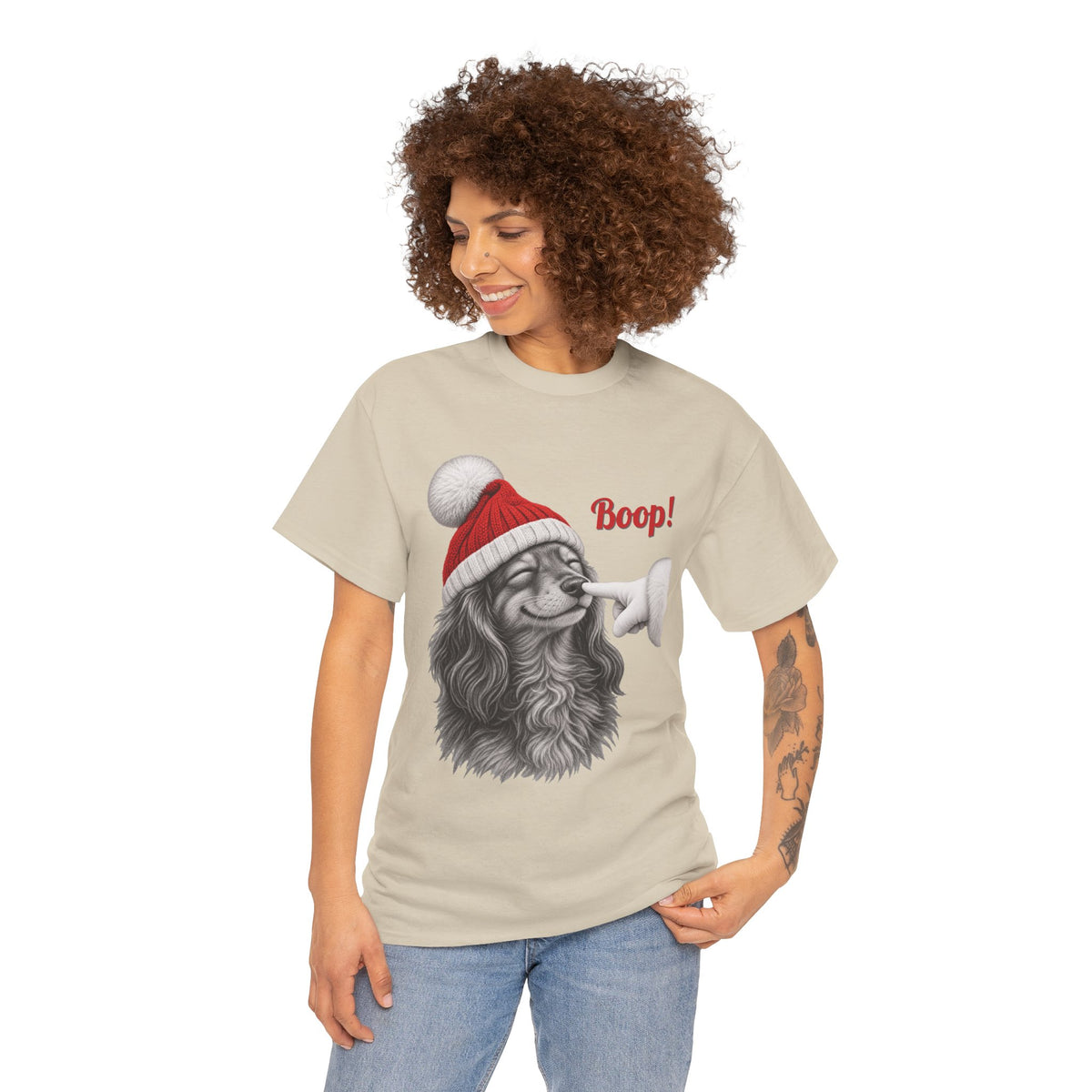 Model wearing the sand Dachshund Boop Christmas T-Shirt