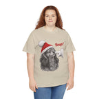 Model wearing the sand Dachshund Boop Christmas T-Shirt