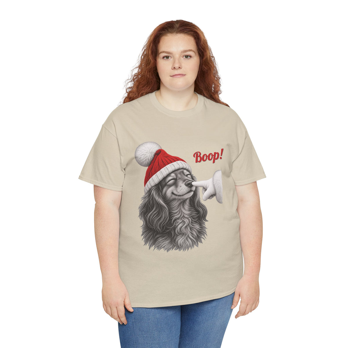 Model wearing the sand Dachshund Boop Christmas T-Shirt