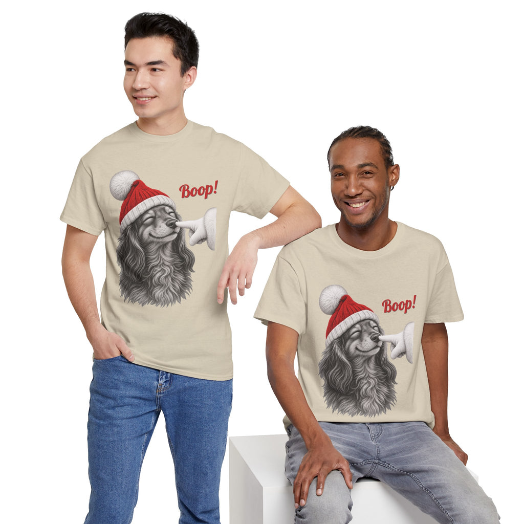 Model wearing the sand Dachshund Boop Christmas T-Shirt