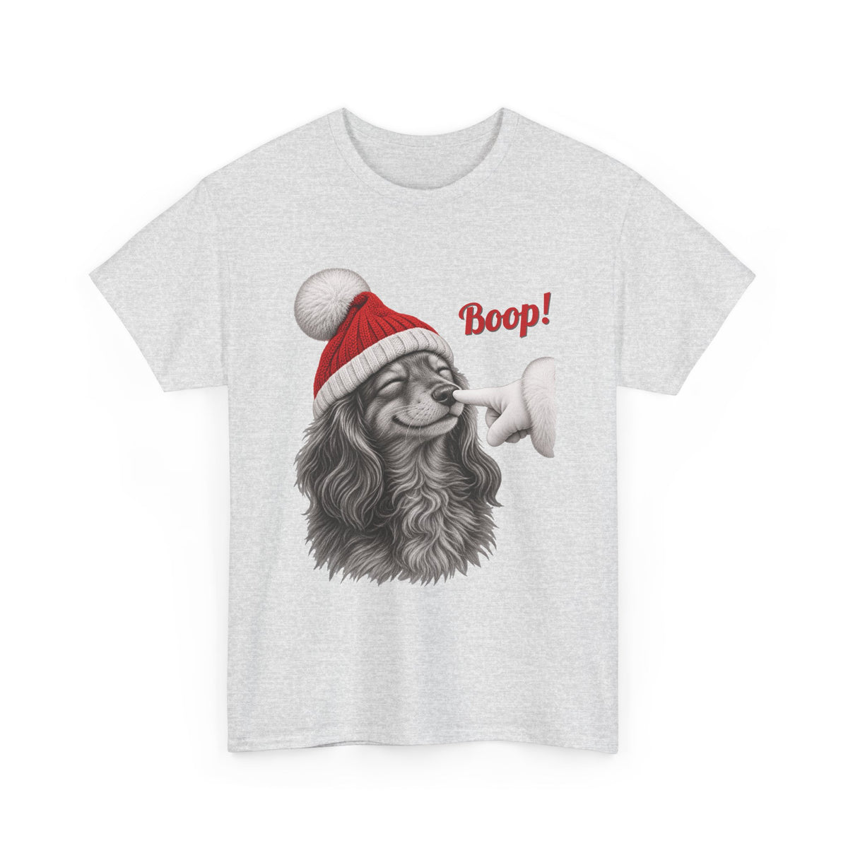 Ash Dachshund Boop Christmas t-shirt with a smiling dachshund in a Santa hat getting a nose boop, front view