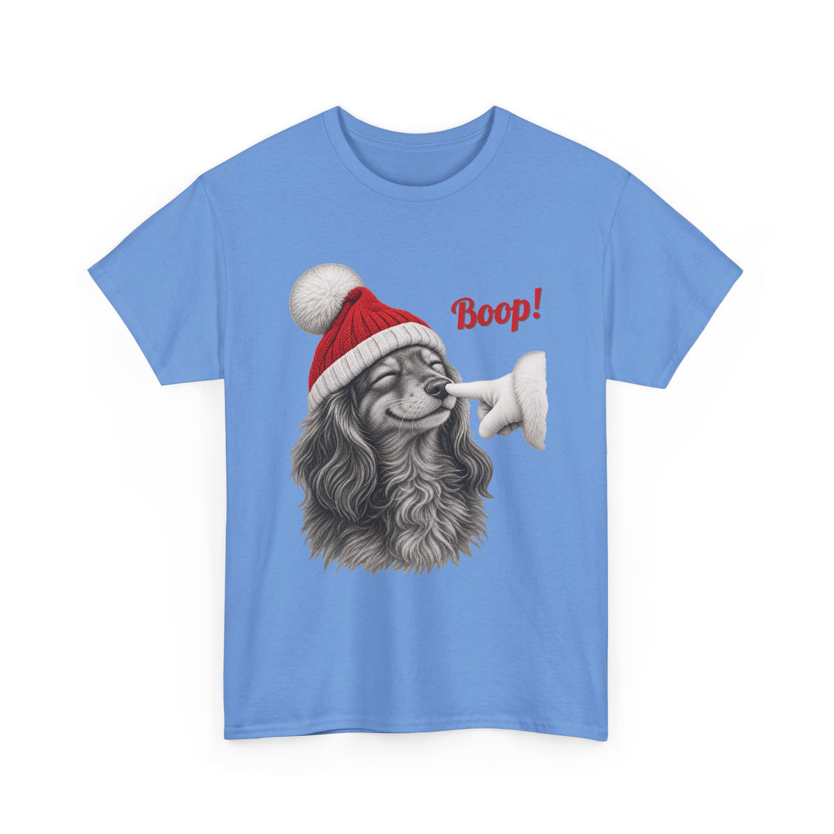 Carolina Blue Dachshund Boop Christmas t-shirt with a smiling dachshund in a Santa hat getting a nose boop, front view