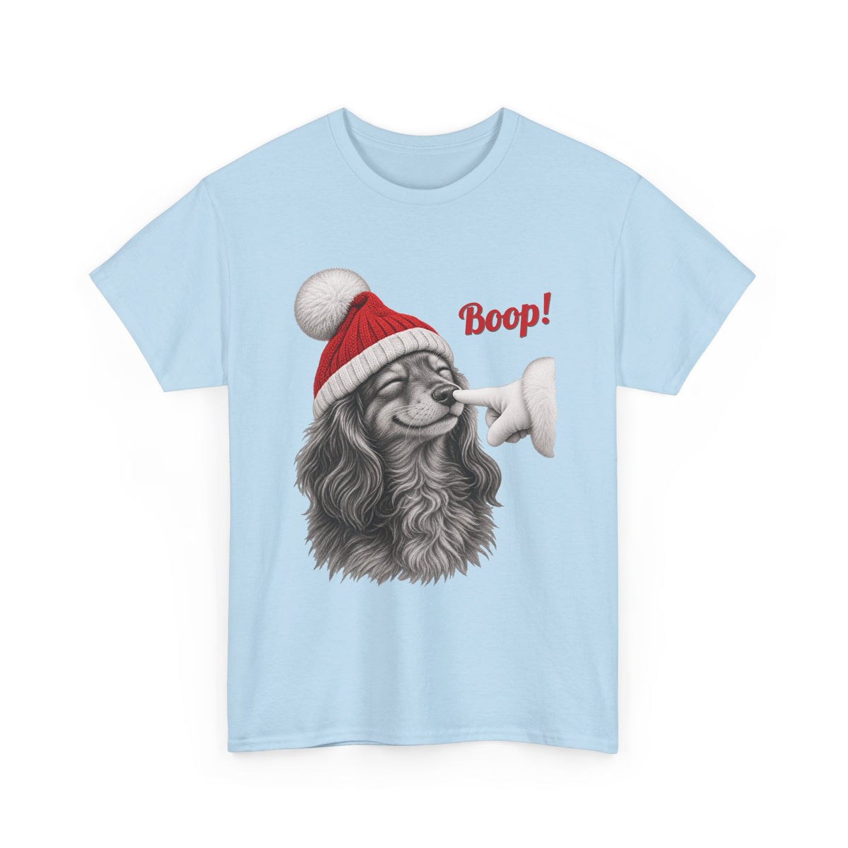 Light Blue Dachshund Boop Christmas t-shirt with a smiling dachshund in a Santa hat getting a nose boop, front view
