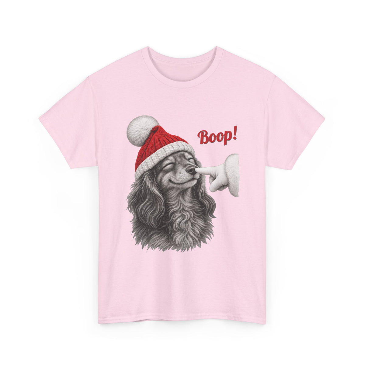 Light Pink Dachshund Boop Christmas t-shirt with a smiling dachshund in a Santa hat getting a nose boop, front view