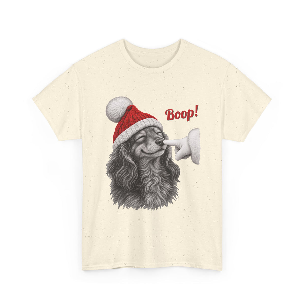 Natural Dachshund Boop Christmas t-shirt with a smiling dachshund in a Santa hat getting a nose boop, front view