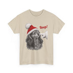 Sand Dachshund Boop Christmas t-shirt with a smiling dachshund in a Santa hat getting a nose boop, front view