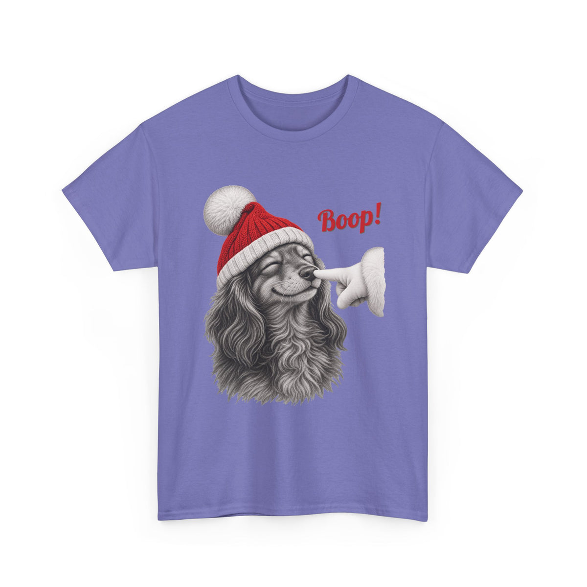 Violet Dachshund Boop Christmas t-shirt with a smiling dachshund in a Santa hat getting a nose boop, front view