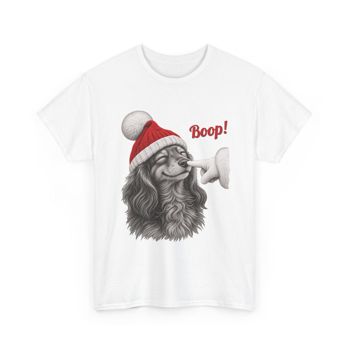 White Dachshund Boop Christmas t-shirt with a smiling dachshund in a Santa hat getting a nose boop, front view