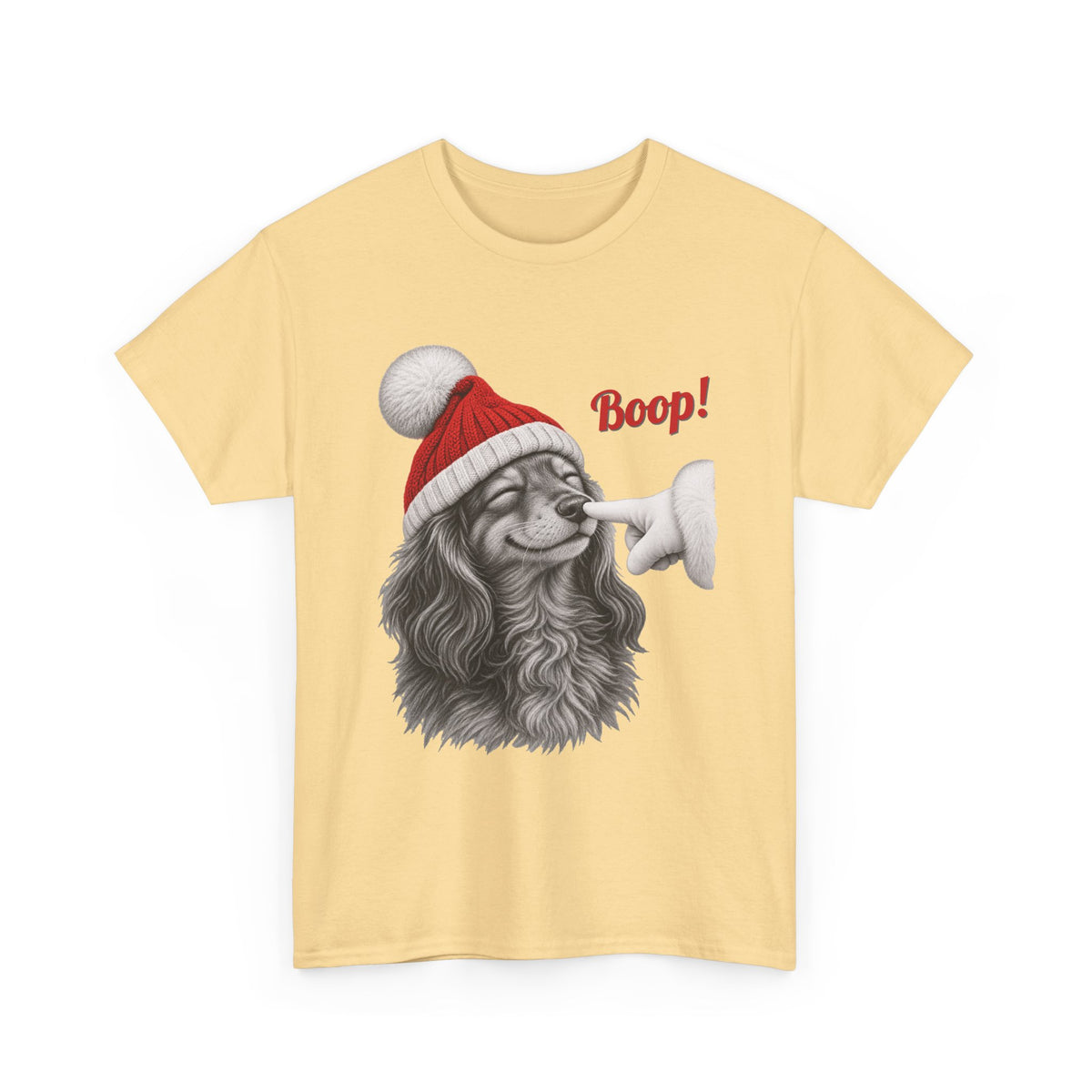 Yellow Haze Dachshund Boop Christmas t-shirt with a smiling dachshund in a Santa hat getting a nose boop, front view