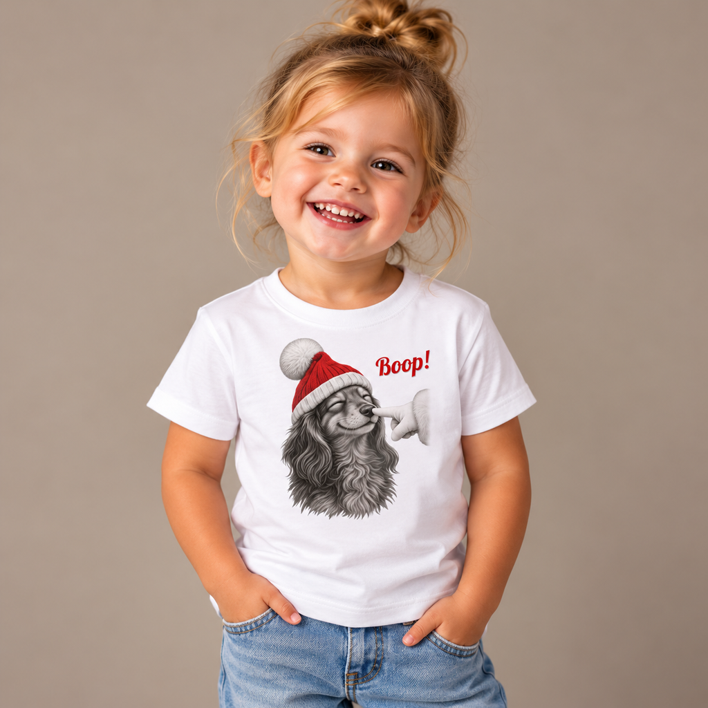 Girl wearing the White Dachshund Boop Christmas Toddler T-Shirt